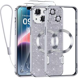 Coque Magnétique Iphone 14 (6,1"") Paillettes Transparentes - Compatible Magsafe, 2 Verres Trempés + Chaîne Téléphone, Protection Renforcée Argentée