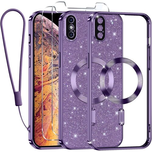 SJZG-Glitter Magnétique Pour Iphone Xs Max Con Cordon, [Compatible Avec Magsafe] Antichoc Brillant Pailleté Housse Transparent Couqe Pour Iphone Xs Max Avec 2 Pièces Verre Trempé Étui, Violet