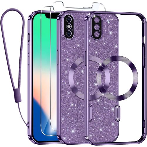 SJZG-Glitter Magnétique Pour Iphone X/Xs Con Cordon, [Compatible Avec Magsafe] Antichoc Brillant Pailleté Housse Transparent Souple Couqe Pour Iphone X Avec 2 Pièces Verre Trempé Étui, Violet