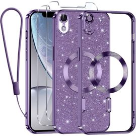 Coque Magnétique Compatible Magsafe Pour Iphone Xr ¿ Transparente Pailletée Violet, Antichoc Souple Avec Chaîne, 2 Verres Trempés Inclus, Protection Caméra