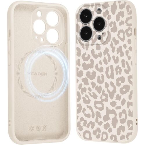 KALANKA-Coque Magnétique pour iPhone 16 Pro 6,3"", Compatible avec MagSafe, Aesthetic Léopard Motif Etui Dessin Fille Case, Souple Silicone Liquide Mince TPU Bumper Antichoc Housse Cover, Beige