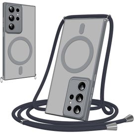 Coque Magnétique Pour Samsung Galaxy S22 Ultra Avec Cordon, [Compatible Avec Magsafe] Etui Translucide Mat Arrière Antichoc Réglable Portable Lanyard Case Protection, Gris