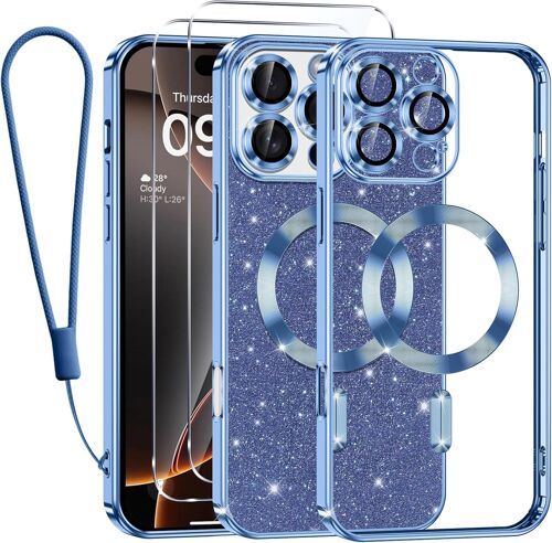 Glitter Magnétique Pour Iphone 16 Pro Con Cordon, [Compatible Avec Magsafe] Antichoc Brillant Pailleté Housse Transparent Sou[J4058]
