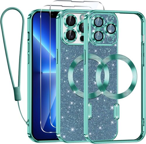 Glitter Magnétique Pour Iphone 13 Pro Con Cordon, [Compatible Avec Magsafe] Antichoc Brillant Pailleté Housse Transparent Cou[J4066]