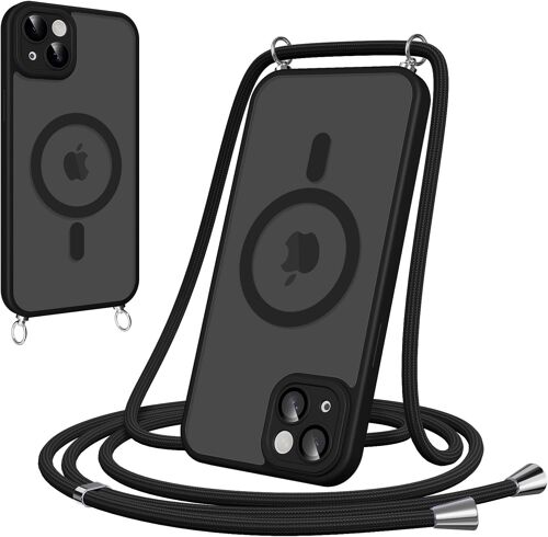 Polki-Coque Magnétique Pour Iphone 15 Avec Cordon, [Compatible Avec Magsafe] Etui Translucide Mat Arrière Anti-Jaunissement Antichoc Réglable Téléphone Portable Lanyard Case Protection, Noir