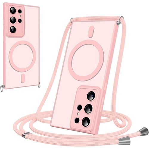 Coque Magnétique Pour Samsung Galaxy S23 Ultra Avec Cordon, [Compatible Avec Magsafe] Etui Translucide Mat Arrière Antichoc Réglable Portable Lanyard Case Protection, Rose[Car782077]