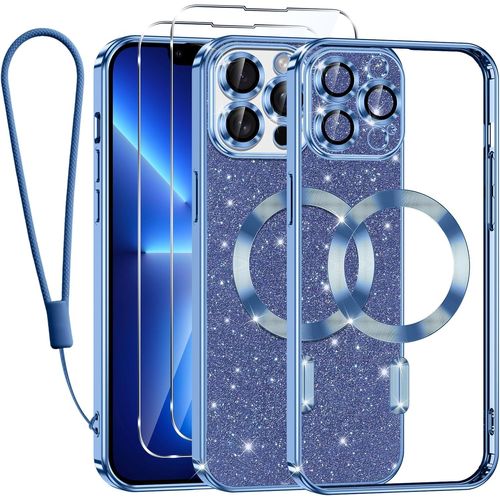 TRAHOO-Glitter Magnétique Coque pour iPhone 13 Pro avec Cordon, Compatible avec MagSafe Antichoc Brillant Paillette Housse Étui Transparent Protection Case avec 2 Verre Trempé pour Femme Bleu