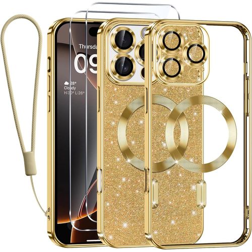 Sjzg-Glitter Magnétique Pour Iphone 16 Pro Max Con Cordon, [Compatible Avec Magsafe] Antichoc Brillant Pailleté Housse Transparent Coque Pour Iphone 16 Pro Max Avec 2 Pièces Verre Trempé Étui, Or