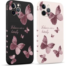 Tzf-2 Pièces Coque Pour Apple Iphone 12 Pro 6.1"", Etui Avec Violet Pente Papillon Mignon Amusante Peint Dessin Latéral Case Souple Silicone Housse Téléphone En Souple Fille Cover