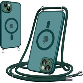 Maa-Coque Magnétique Pour Iphone 15 Plus Avec Cordon, [Compatible Avec Magsafe] Etui Translucide Mat Arrière Anti-Jaunissement Antichoc Réglable Téléphone Portable Lanyard Case Protection, Vert