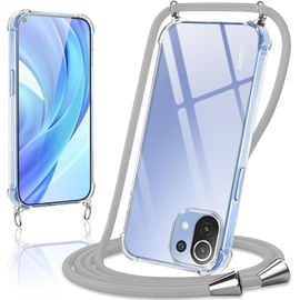 KAL-Coque Avec Cordon Pour Xiaomi Mi 11 Lite 5G Ne / 11 Lite 4G / 5G 6,55"", Collier Réglable Téléphone Étui Lanyard Case Transparent Souple Silicone Tpu Housse Antichoc Protection Cover, Gris