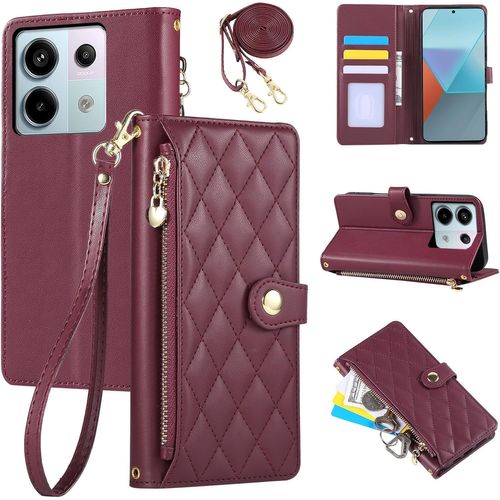 Eryi-Étui Pour Xiaomi Redmi Note 13 Pro 5g 6.67 Pouces 2023, Coque Pour Téléphone Portable En Cuir Pu Avec Broderie En Losange, Redmi Note 13 Pro 5g Étui À Rabat Avec Dragonne Et Bandoulière, Rouge