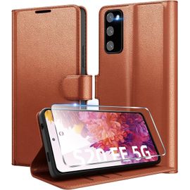 Sjzg-Coque Pour Samsung Galaxy S20 Fe 5g + 1 Verre Trempé Protection Écran,[Housse Premium En Cuir Pu][Fentes Pour Cartes][Pochette De Portefeuille],Etui À Rabat Pour Samsung S20 Fe - Brun