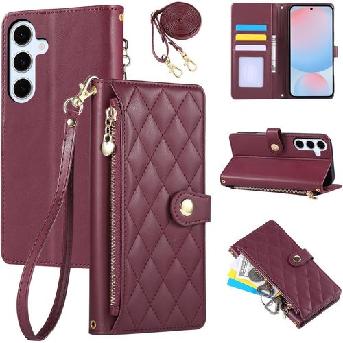 Trahoo-Étui Pour Samsung Galaxy S24 Fe 5g 6.7 Pouces 2024, Coque Pour Téléphone Portable En Cuir Pu Avec Broderie En Losange, Galaxy S24 Fe 5g Étui À Rabat Avec Dragonne Et Bandoulière, Rouge