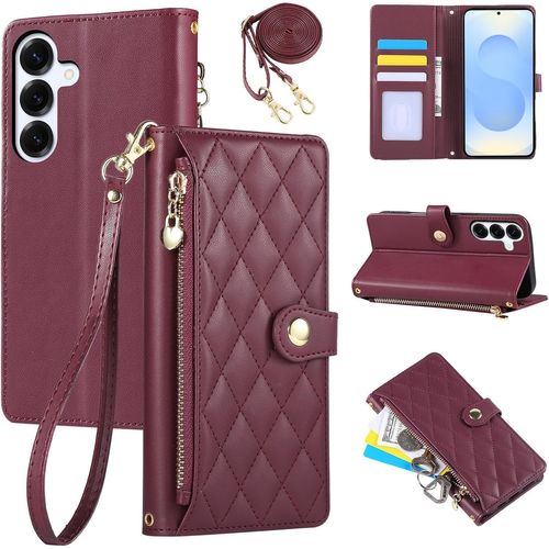 KAL-Étui Pour Samsung Galaxy S25 Plus/S24 Plus 6.7 Pouces, Coque Pour Téléphone Portable En Cuir Pu Avec Broderie En Losange, Galaxy S25+/S24+ Étui À Rabat Avec Dragonne Et Bandoulière, Rouge