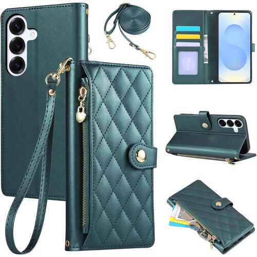 TRAHOO-Étui pour Samsung Galaxy S25 Plus/S24 Plus 6.7 Pouces, Coque pour téléphone Portable en Cuir PU avec Broderie en Losange, Galaxy S25+/S24+ Étui à Rabat avec dragonne et bandoulière, Vert