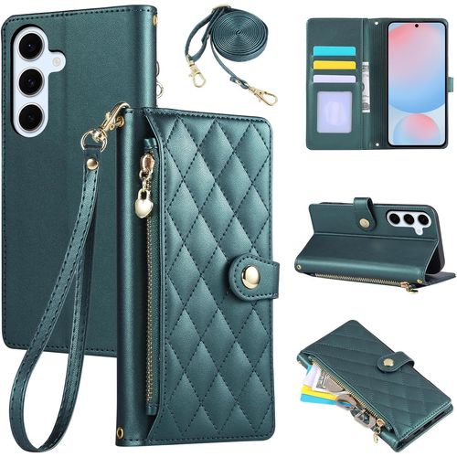 Trahoo-Étui Pour Samsung Galaxy S24 Fe 5g 6.7 Pouces 2024, Coque Pour Téléphone Portable En Cuir Pu Avec Broderie En Losange, Galaxy S24 Fe 5g Étui À Rabat Avec Dragonne Et Bandoulière, Vert