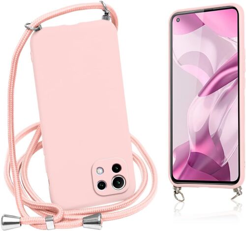 KAL-Coque Avec Cordon Pour Xiaomi 11 Lite 5G Ne/Mi 11 Lite 4G/5G Rose Silicone Coque Collier Réglable Étui Lanyard Case Souple Antichoc Tour De Cou Chaîne Housse De Protection Pour Xiaomi 11 Lite