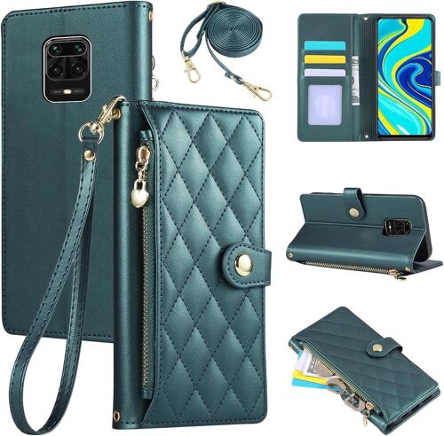 KAL-Étui Pour Xiaomi Redmi Note 9S/9 Pro 6.67 Pouces, Coque Pour Téléphone Portable En Cuir Pu Avec Broderie En Losange, Redmi Note 9S/9 Pro Étui À Rabat Avec Dragonne Et Bandoulière, Vert