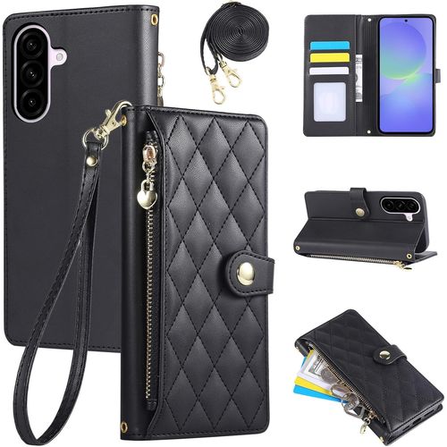 Trahoo-Étui Pour Samsung Galaxy A36 5g 2025 6.7 Pouces, Coque Pour Téléphone Portable En Cuir Pu Avec Broderie En Losange, Galaxy A36 5g Étui À Rabat Avec Dragonne Et Bandoulière, Noir