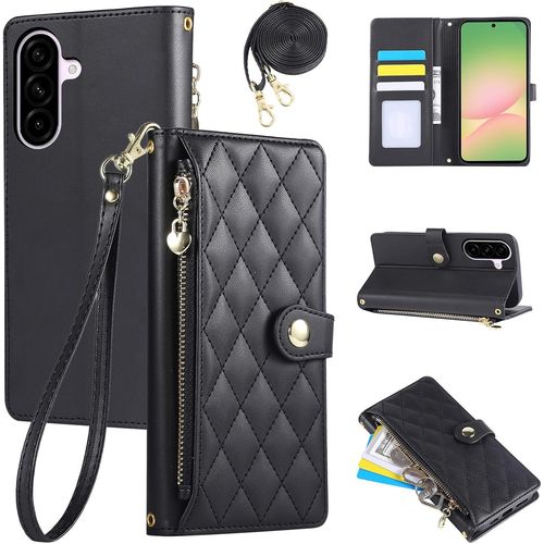 Brs-Étui Pour Samsung Galaxy A56 5g 6.7 Pouces 2025, Coque Pour Téléphone Portable En Cuir Pu Avec Broderie En Losange, Galaxy A56 5g Étui À Rabat Avec Dragonne Et Bandoulière, Noir