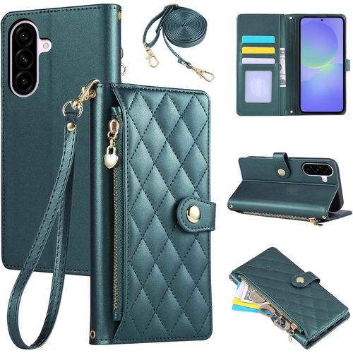 Trahoo-Étui Pour Samsung Galaxy A36 5g 2025 6.7 Pouces, Coque Pour Téléphone Portable En Cuir Pu Avec Broderie En Losange, Galaxy A36 5g Étui À Rabat Avec Dragonne Et Bandoulière, Vert