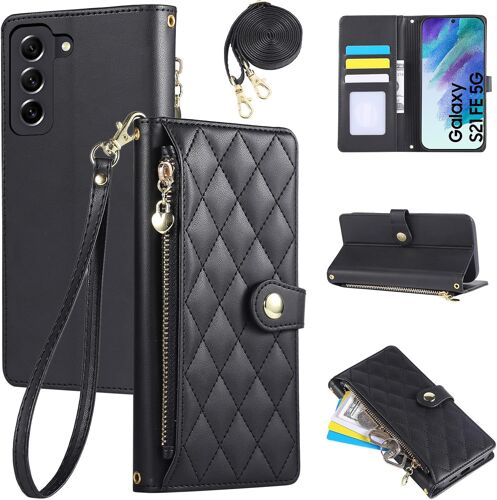 KAL-Étui Pour Samsung Galaxy S21 Fe 5G 2022 6.4 Pouces, Coque Pour Téléphone Portable En Cuir Pu Avec Broderie En Losange, Galaxy S21 Fe 5G Étui À Rabat Avec Dragonne Et Bandoulière, Noir