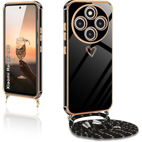 Kal-Coque Pour Xiaomi Redmi 14c/Redmi A4 Avec Cordon, Étui Redmi 14c/Redmi A4 Avec Bandoulière, Anti-Vibration Et Anti-Goutte Tpu Silicone Coeur Mignon Coque Avec Corde Pour Redmi 14c/Redmi A4