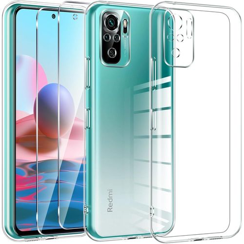 CAUC-Crystal Clear Coque pour Xiaomi Redmi Note 10/Note 10S 4G avec 2 Pièces de Verre de Protection,Coque de Protection en Silicone TPU Transparent Ultra Fin et Souple,Anti-Jaunissement,Anti-Rayures