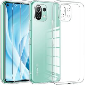 CAUC-Coque pour Xiaomi Mi 11 Lite 4G / 11 Lite 5G / 11 Lite 5G NE,avec 2 Pièces Verre Trempé,Transparent étui de Protection, Très Mince Silicone Antichoc Bumper Housse,Coque pour Xiaomi Mi 11 Lite