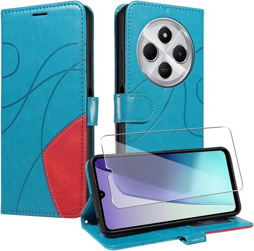 KALANKA-Coque en Cuir PU à Rabat Flip pour Xiaomi Redmi 14C/Redmi A4 5G/Xiaomi Poco C75 - Étui avec Verre à Tremper - Bleu Ciel
