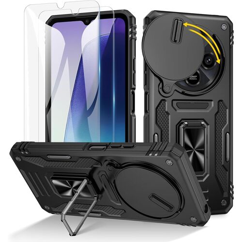 Coque Pour Xiaomi Redmi 14c /Redmi A4 / Xiaomi Poco C75, 2 Protecteurs D'écran, Et Anneau Béquille, [ 360° Protection Militaire ] Protection Coulissante Caméra, Housse Redmi 14c Coque (Noir)