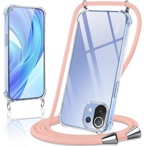 Coque Avec Cordon Pour Xiaomi Mi 11 Lite 5g Ne / 11 Lite 4g / 5g 6,55"", Collier Réglable Téléphone Étui Lanyard Case Transparent Souple Silicone Tpu Housse Antichoc Protection Cover, Or Rose