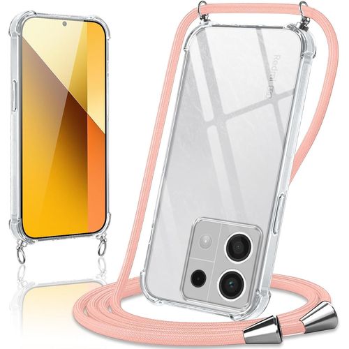 Kal-Coque Avec Cordon Pour Xiaomi Redmi Note 13 5g 6,67"", Collier Réglable Téléphone Étui Portable Lanyard Case Transparent Souple Silicone Tpu Housse Antichoc Protection Cover, Or Rose