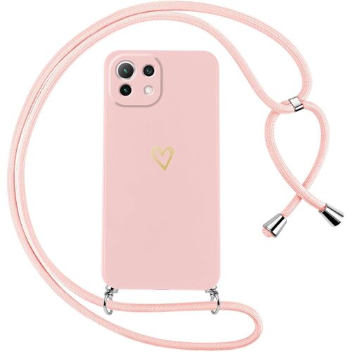 KAL-Coque Pour Xiaomi 11 Lite 5G Ne/Mi 11 Lite 4G/5G Avec Cordon De Collier Étui Housse Souple Silicone Avec Motif Coeur Et Lanyard Réglable Antichoc Anti-Chute Bandoulière Lanière Case,Rose
