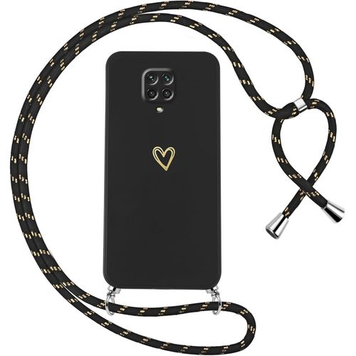 KAL-Coque Pour Xiaomi Redmi Note 9 Pro/9 Pro Max/9S 4G Avec Cordon De Collier Étui Housse Souple Silicone Avec Motif Coeur Et Lanyard Réglable Antichoc Anti-Chute Bandoulière Lanière Case,Noir