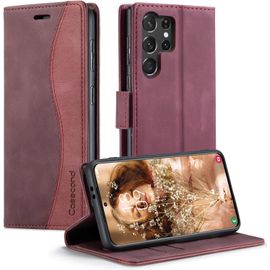 Kal-Coque Pour Samsung Galaxy S23 Ultra 5g Housse En Cuir Avec Magnetique Etui Rfid Blocage Protection Pochette Porte Cartes Portefeuille Mince Wallet Case Femmes Hommes - Vin Rouge Et Rouge