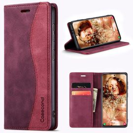 Kal-Coque Pour Samsung Galaxy S10 Plus 4g Housse En Cuir Avec Magnetique Etui Rfid Blocage Protection Pochette Porte Cartes Portefeuille Mince Wallet Case Pour Femmes Hommes - Vin Rouge Et Rouge