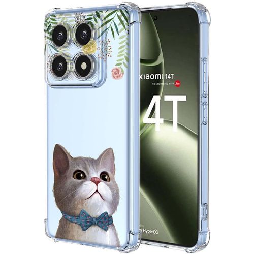 Kalanka-Transparent Coque Pour Xiaomi 14t, Très Mince Antichoc Premium Silicone Tpu Housse, Souple Soyeux Étui Avec Élégant Simple Motif, Fleurs + Chat