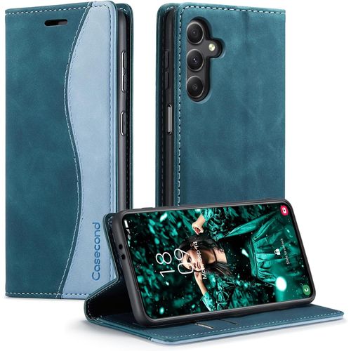 Kal-Coque Pour Samsung Galaxy A24 4g Housse En Cuir Avec Magnetique Etui Rfid Blocage Protection Pochette Porte Cartes Portefeuille Mince Wallet Case Femmes Hommes - Bleu Vert