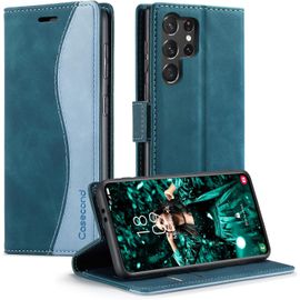 Kal-Coque Pour Samsung Galaxy S23 Ultra 5g Housse En Cuir Avec Magnetique Etui Rfid Blocage Protection Pochette Porte Cartes Portefeuille Mince Wallet Case Femmes Hommes - Bleu Vert