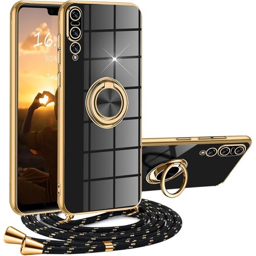 Kal-Coque Huawei P20 Pro Avec Cordon,Coque Huawei P20 Pro Avec Collier Silicone Housse 360° Voiture De Bague Magnétique Antichoc Étui Lanyard Case Téléphone Portable Protection Cover Avec Support,Noi