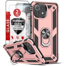 KAL-Coque Pour Xiaomi Mi 11 Lite 5G Ne/Mi 11 Lite 4G&5G Avec [2 Verre Trempé], Anneau Support Militaire Anti-Chute Renforcée Défense Bumper Antichoc Tpu Souple Et Pc Rigide Protection Etui Or Rose