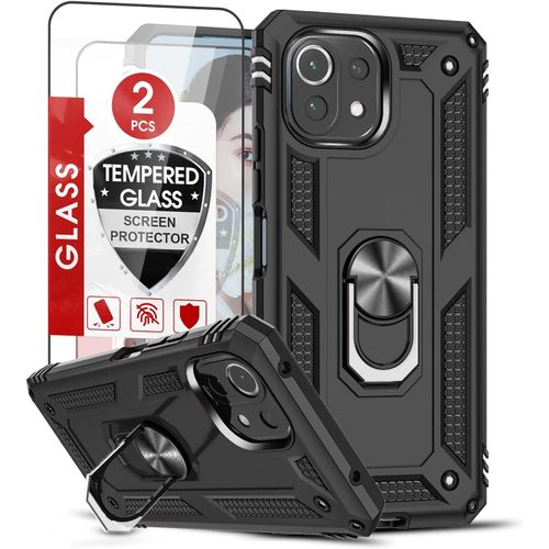 Case For Xiaomi 11 Lite 5g Ne/Xiaomi Mi 11 Lite 5g/4g With [2 Tempered Glass], Ring Stand Military Anti-Fall Reinforced Defense Bumper Shockproof Soft Tpu And Hard Pc Protection Case Black