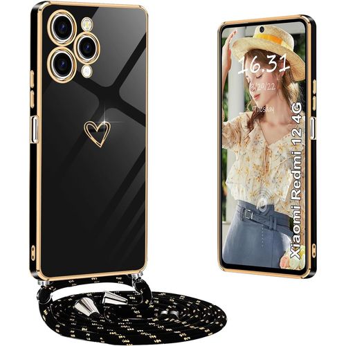 Senior-Coque Pour 12 4G Avec Cordon, Coque Pour 12 4G Avec Collier Housse Avec Motif Coeur D'Amour Étui Pour Xiaomi 12 4G Avec Cordon, Noir[L1653]