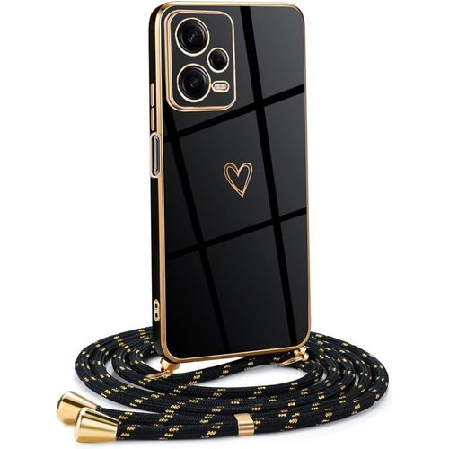 Kal-Coque Pour Xiaomi Redmi Note 12 5g Avec Cordon De Collier, Coque Avec Cordon Motif Coeur D'amour Tpu Housse, Collier Réglabletéléphone Portable Lanyard Case Xiaomi Redmi Note 12 5g, Or Noir