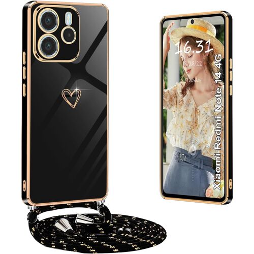 KAL-Coque Pour Redmi Note 14 4G Avec Cordon, Coque Pour Xiaomi Redmi Note 14 4G Avec Collier Housse Avec Coeur Motif Antichoc Coque, Noir