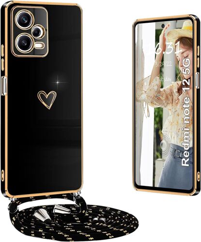 KALANKA-Coque pour Redmi Note 12 5G avec Cordon, Coque pour Redmi Note 12 5G avec Collier Housse avec Motif Coeur d'amour Étui pour Xiaomi Redmi Note 12 5G avec Cordon, Noir