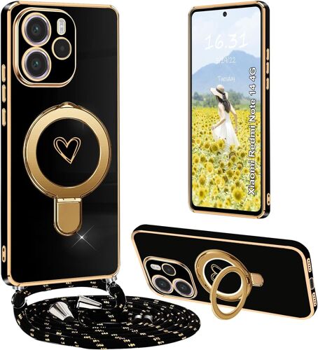 KAL-Coque Pour Redmi Note 14 4G Avec Cordon, Électrolytique Coeur Coque Pour Xiaomi Redmi Note 14 4G Avec Support Bague Femme Coeur Coque Bandoulière - Noir