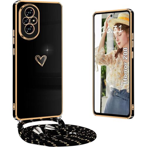 KAL-Coque Honor 200 Avec Cordon, Coque Honor 200 Avec Collier Housse Silicone Avec Coeur Motif Antichoc Étui Avec Cordon Réglable Coque Honor 200 Cordon, Noir